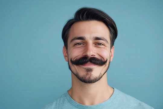 Hombre espa&ntilde;ol, joven, de 30 a&ntilde;os, con gran bigote y barba, posando para la c&aacute;mara sobre fondo de estudio azul pastel. Concepto salud masculina, movoimiento de marzo