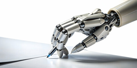 Robotic hand writing a letter on a white background, robotic, hand, technology, artificial intelligence, AI