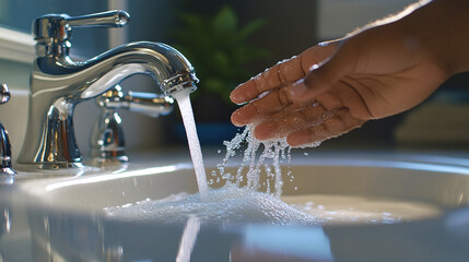 Man washing hands in bathroom sink at home checking temperature touching running water with hand. Closeup on fingers under hot water out of a faucet of a sink