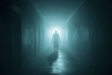 A man stands in the dark corridor of an old, abandoned hospital, with fog and light shining from behind him