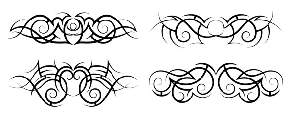 Neo abstract tribal tattoo set. Horizontal black shoulder tattoo. Cyber sigilism style hand drawn ornament. Celtic gothic sleeve ornament shapes. Maori ethnic signs isolated on white backdrop. Sketch