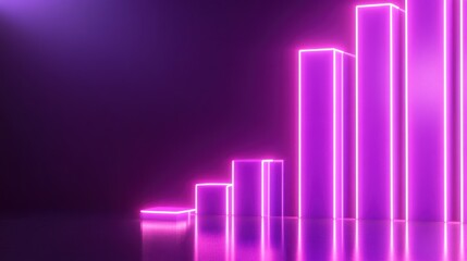 Neon bar graph representation with a reflective surface and purple background.