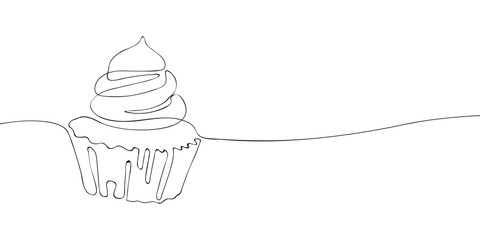 A single line drawing of a cupcake. Continuous line thanksgiving muffin icon. One line icon. Vector illustration.