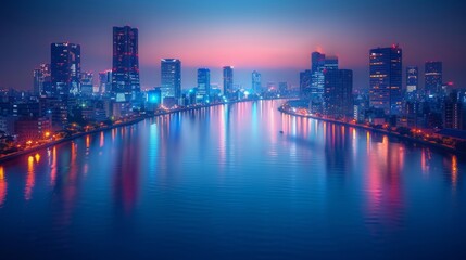 Fototapeta premium Nighttime Cityscape with Colorful Reflections on Water