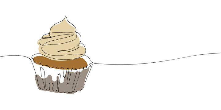 recommend clip art: A single line drawing of a cupcake. Continuous line thanksgiving muffin icon in color. One line icon. Vector illustration.