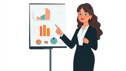 Characters of a businesswoman giving a presentation, pointing at a chart with a serious and focused expression, white background 