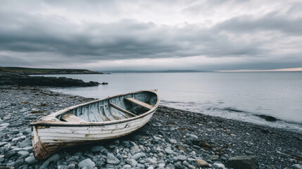  A weathered wooden rowboat rests on a rocky shoreline by a calm sea under cloudy skies, evoking a sense of solitude and timelessness.
