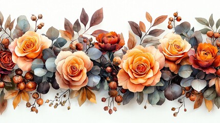 Elegant floral frame with peach and terracotta roses, perfect for Thanksgiving and Halloween invitations, decorations, or event announcements, with copy space.