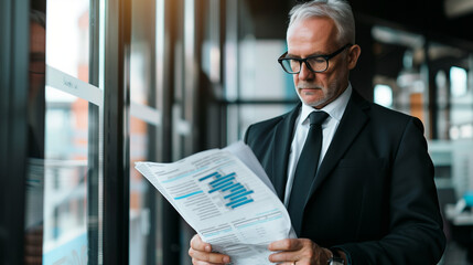 Senior executive in a suit reading a financial regulations document with a focused and serious expression, set in a modern office environment. Blurred financial charts in the background underscore the