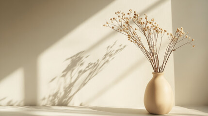 A simple, beige vase with dried flowers sits on a white background, bathed in sunlight. The photo has space for text and is perfect for a Scandinavian-style design.