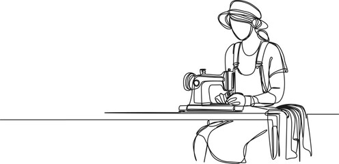 continuous single line drawing of woman using sewing machine, line art vector illustration