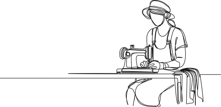 recommend clip art: continuous single line drawing of woman using sewing machine, line art vector illustration