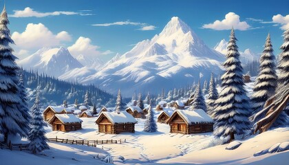 Winter Mountain Pixel Art Village - 8 bit snow covered village with small, pixelated cabins, nestled between tall pine trees and set against a majestic mountain range. Graphic art illustration