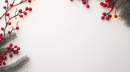 red berries and pine branches and glowing lights on white background