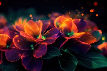 Fototapeta premium Vibrant floral composition with glowing petals and magical bokeh, perfect for artistic backgrounds and nature-inspired designs.