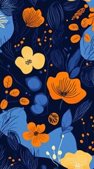 A vibrant floral pattern featuring orange and yellow flowers on a dark blue background.