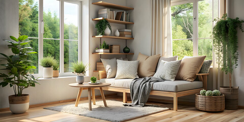 Fototapeta premium Cozy Scandinavian-inspired reading nook with light wood furniture, soft textiles, and greenery , Scandinavian