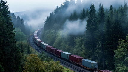  A long freight train transports logs through a lush green forest, symbolizing forestry, sustainable transportation, and industrial logistics.
