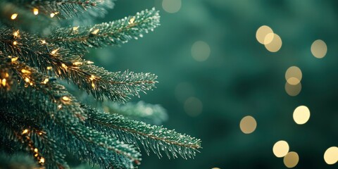 Christmas tree branches in closeup on a green background, lit with lights.