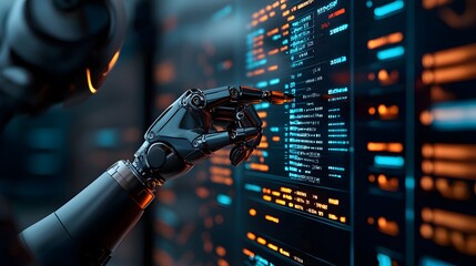 Futuristic Robot Engaged in Complex Trading Algorithms Through Textual Data Visualization. Robot Algorithm Trading Concept