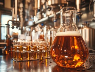 A glass pitcher filled with golden beer sits in a brewery setting, surrounded by smaller glasses filled with the same amber liquid.