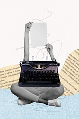 Vertical photo collage of headless human hold paper sheet typewriter machine novelist worker...