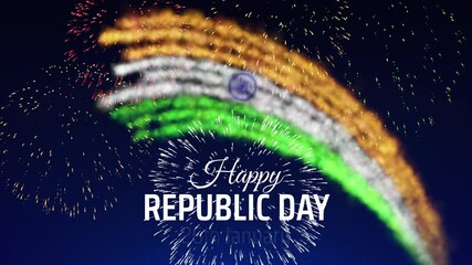 January 26, happy india republic day banner. Fireworks indian flag on dark night sky background. January 26th is india national holiday. Animated greeting card. Seamless loop