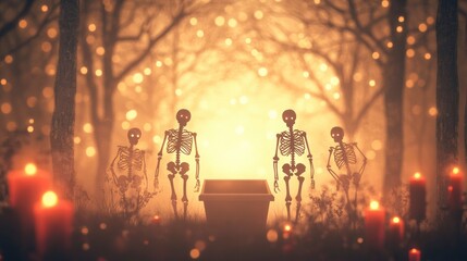 skeletons carrying an empty coffin with glowing red candles in lanterns on dark jungle