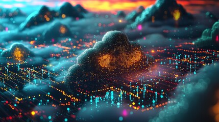 Digital Dreamscape: Futuristic Cloud Computing Network in 3D Visualization