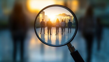 Magnifying glass focused on a diverse group of people standing and facing sunlight in an open space, symbolizing analysis and teamwork.