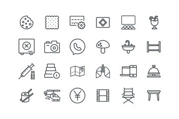 Biscuit, Card settings, Carpet icon, Cinema hall, Cocktail, Cookie, vector illustration, set of icons for web