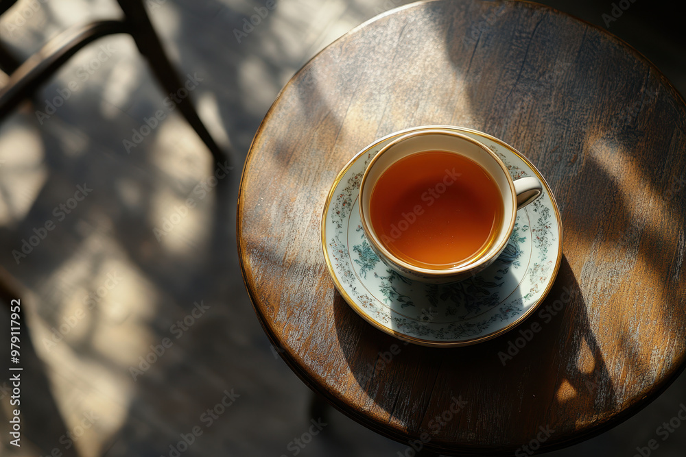 Wall mural a cup with tea on a table, top view.