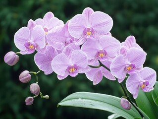 Beautiful purple orchids in full bloom against a soft green background, showcasing delicate petals and vibrant colors.