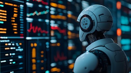 Futuristic Robot Analyzing Cryptocurrency Trends in a High-Tech Market Environment at Night. Robot Algorithm Trading Concept