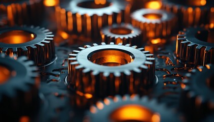 Close-up of interlocking metal gears with orange lighting, showcasing industrial mechanics and engineering precision.
