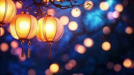 Beautiful traditional lanterns glowing softly against a dreamy blue backdrop, perfect for festive celebrations and cultural events.