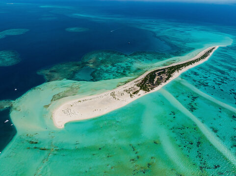 Aerial view of Alacranes Reef with turquoise clear water and sandy beach, Progreso, Mexico.