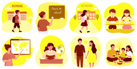 Back to school vector illustration with schoolchildren, students and classroom activities in bright colors