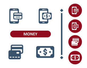 Money icons. Online Shopping, E-commerce, Mobile Banking, credit card, dollar, bill, banknote, cash icon