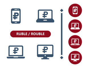 Ruble, rouble icons. Online banking, mobile banking, internet banking, smartphone, computer, laptop, money icon