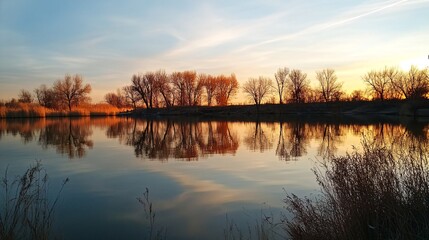 Fototapeta premium A serene lake reflecting a warm sunset sky with silhouetted trees along the shore.