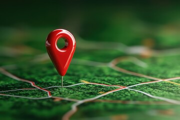 Close-up of a red location marker on a detailed green map, symbolizing navigation and geographic pinpointing.