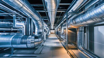 Obraz premium Industrial HVAC Ductwork Corridor - Complex System of Pipes and Ventilation in a Modern Building
