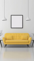 Modern Living Room With Yellow Sofa, Minimalist Design With Accent Table, And Empty Frame