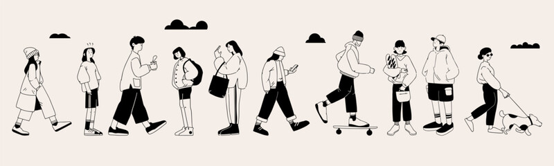 Crowd of young people, men and women, going about their business. Trendy vector illustration.