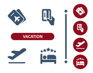 Vacation icons. Tourism, plane ticket, buy, pay, hand, credit card, plane, hotel, resort icon