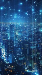 Naklejka premium A vibrant cityscape at night, illuminated by lights and digital overlays.