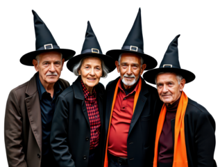 A cute group of elderly friends, wearing Halloween clothes, png image with transparent background