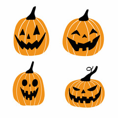 Set of Spooky Halloween Pumpkins with Scary Faces for Autumn Celebration