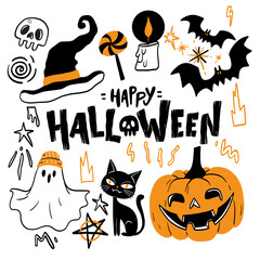 Obraz premium Halloween icons and elements set with pumpkins, bats, ghosts, and spooky characters